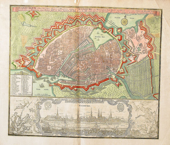 Старинный план-карта города Гамбург (1740)