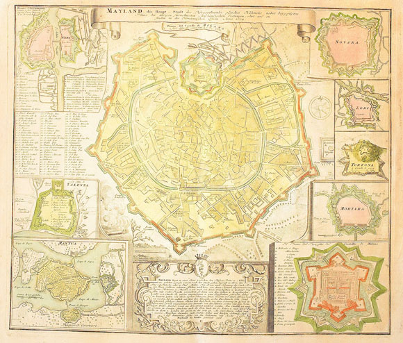 Старинный план-карта города Милан (1734)